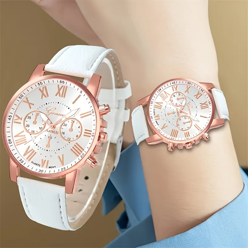 2pcs Quartz Watch Set Round Zinc Alloy Case PUPU PU Leather Strap No Required