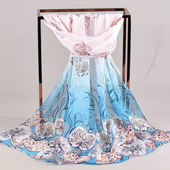 Vintage Leaf Print Chiffon Scarf Thin Shawl Breathable Gauze Head Wrap