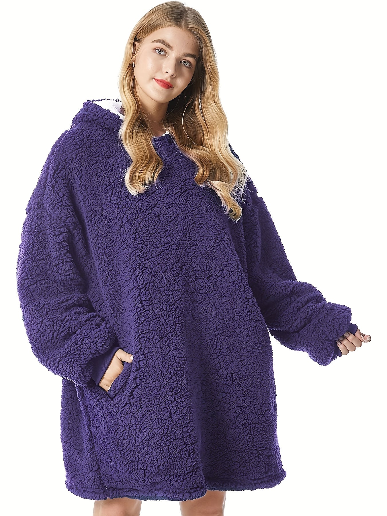 Solid Long Sleeve Hooded Robe Soft Teddy Fleece Blanket