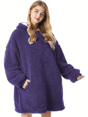 Solid Long Sleeve Hooded Robe Soft Teddy Fleece Blanket