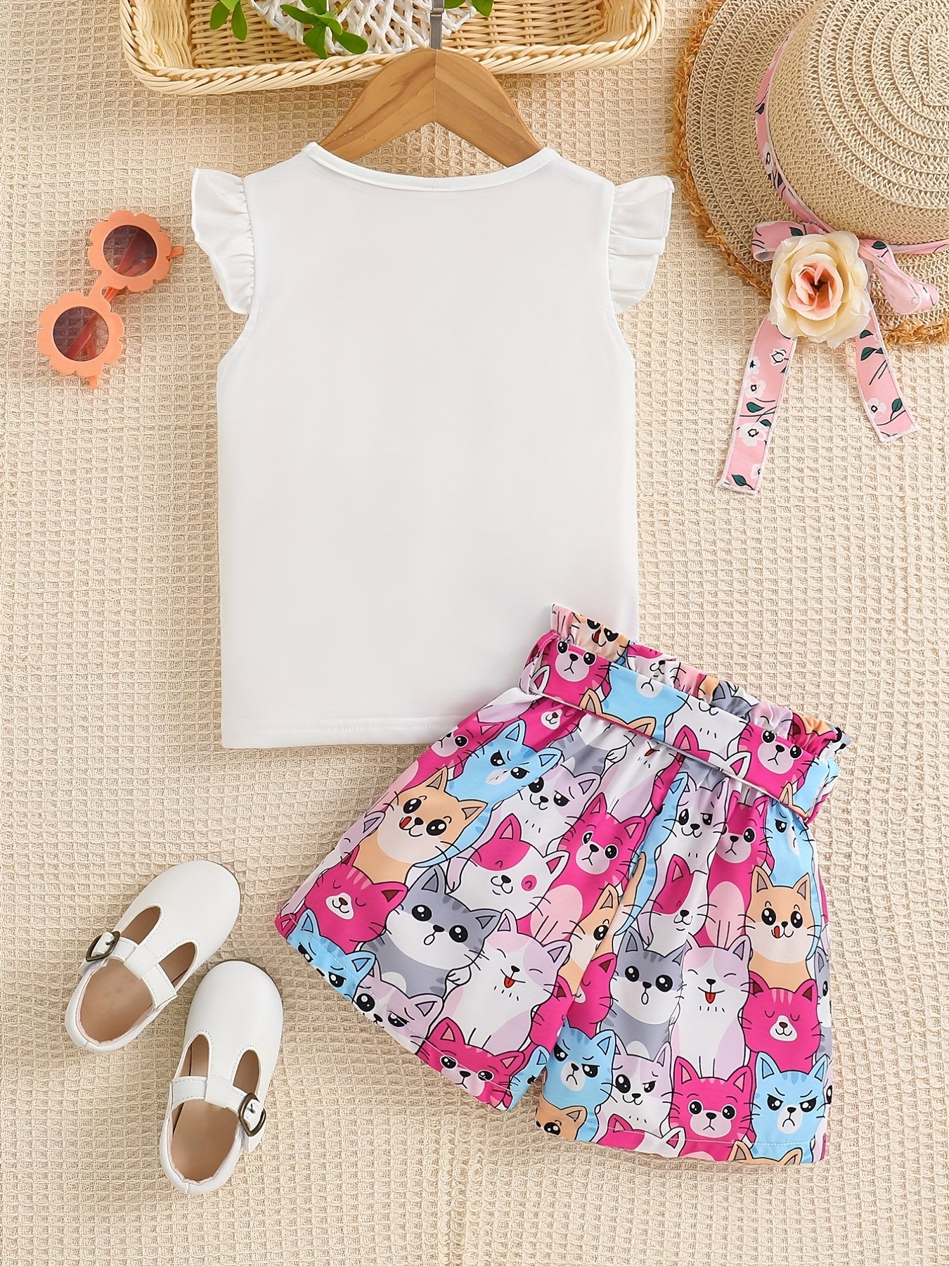 2pcs Toddler Girls Cat Graphic Ruffle Trim T Shirts Top & Shorts Set