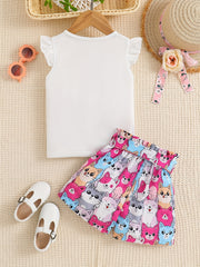 2pcs Toddler Girls Cat Graphic Ruffle Trim T Shirts Top & Shorts Set