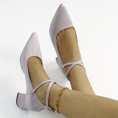 Women's Pointed Toe Chunky Heels Solid Ankle Strap Mid Heels