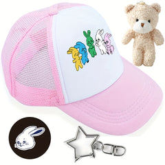 4pcs Set Rabbit Baseball Cap & Bear Rabbit Brooch Keychain Kpop Trucker Hat