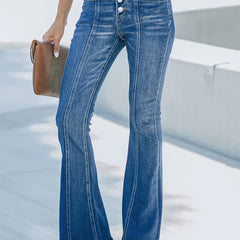 Casual Jeans Women's Plus Washed Pipping Button Fly High Stretch Flare