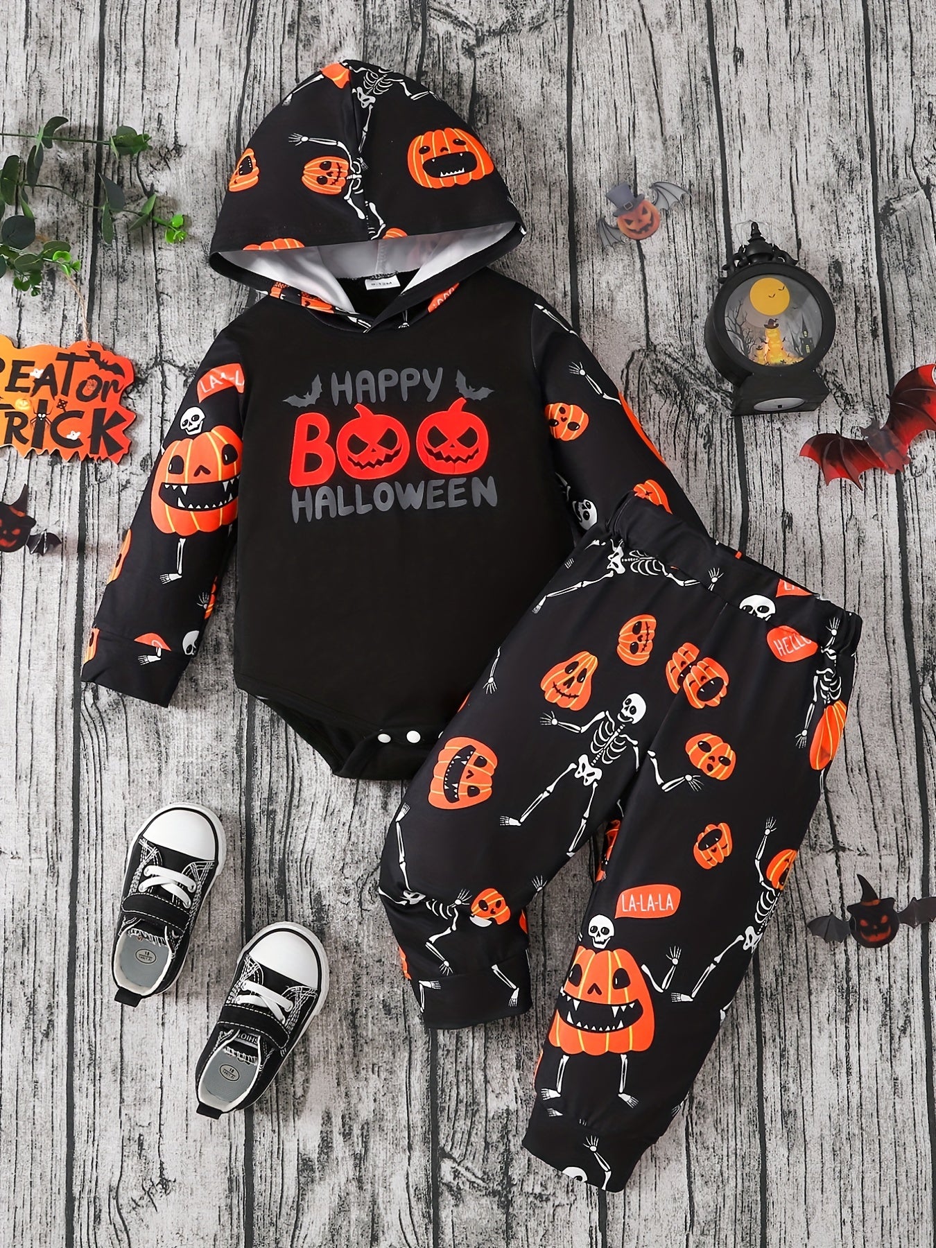 Halloween Luminous Pumpkin & Letter Print Hooded Romper Baby Set