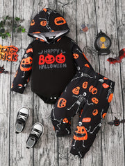 Halloween Luminous Pumpkin & Letter Print Hooded Romper Baby Set