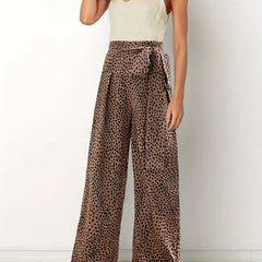 Leopard Print Wide Leg Pants with Bow Pleats