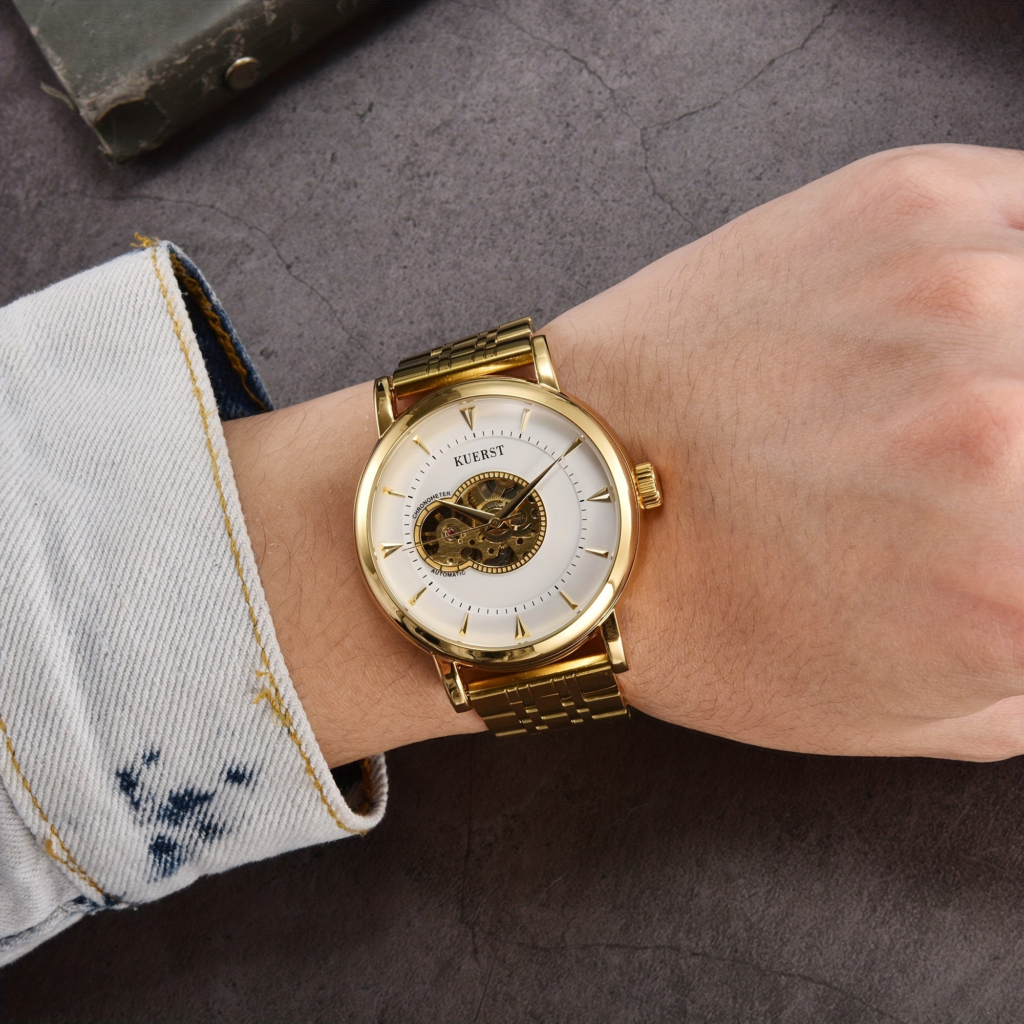 KUERST Men's Steel Belt Mechanical Watch - Butterfly Buckle, Gourd Shaped Dial