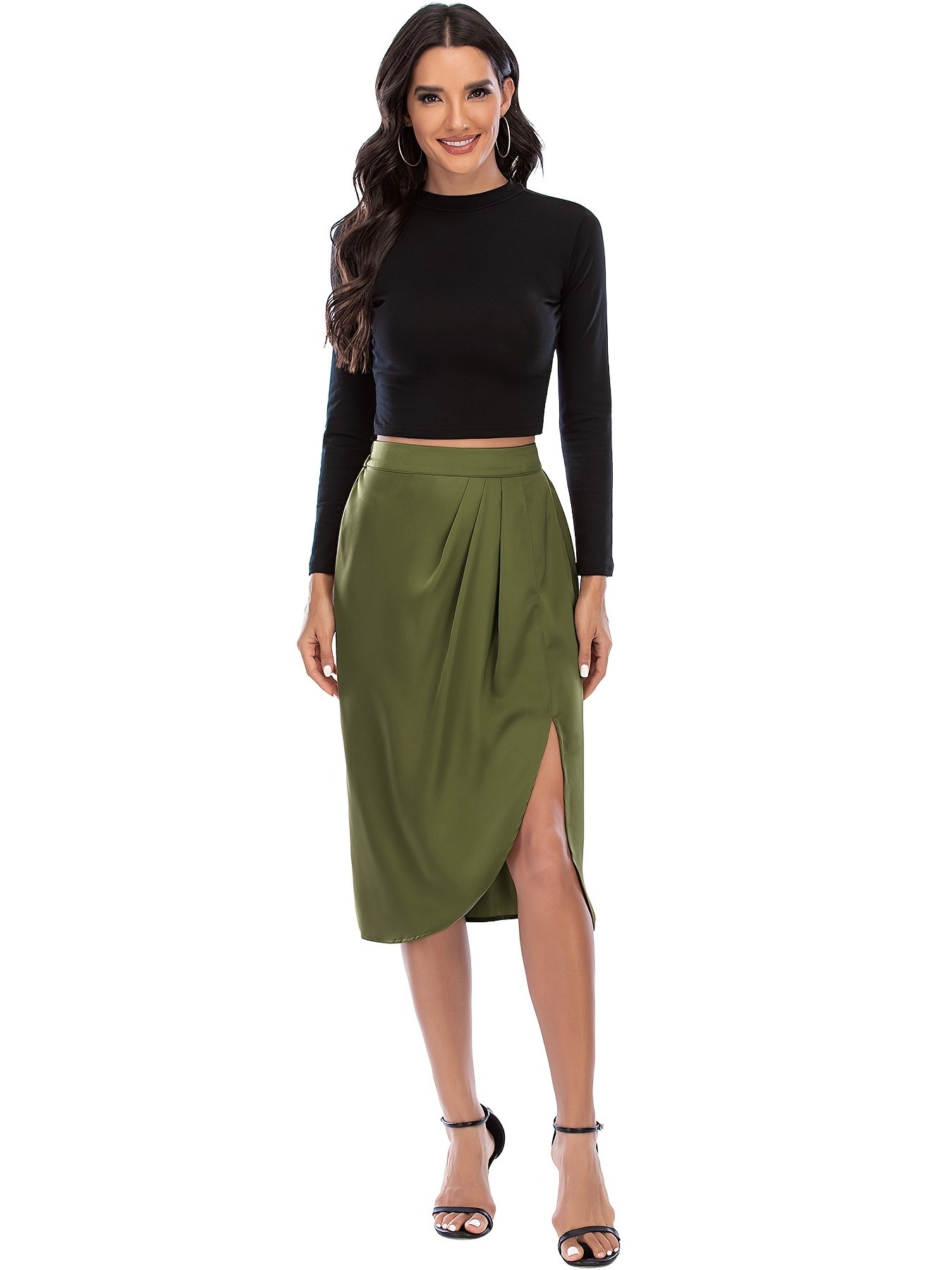 High Waist Split Knee Length Skirts Casual Bodycon Ruched