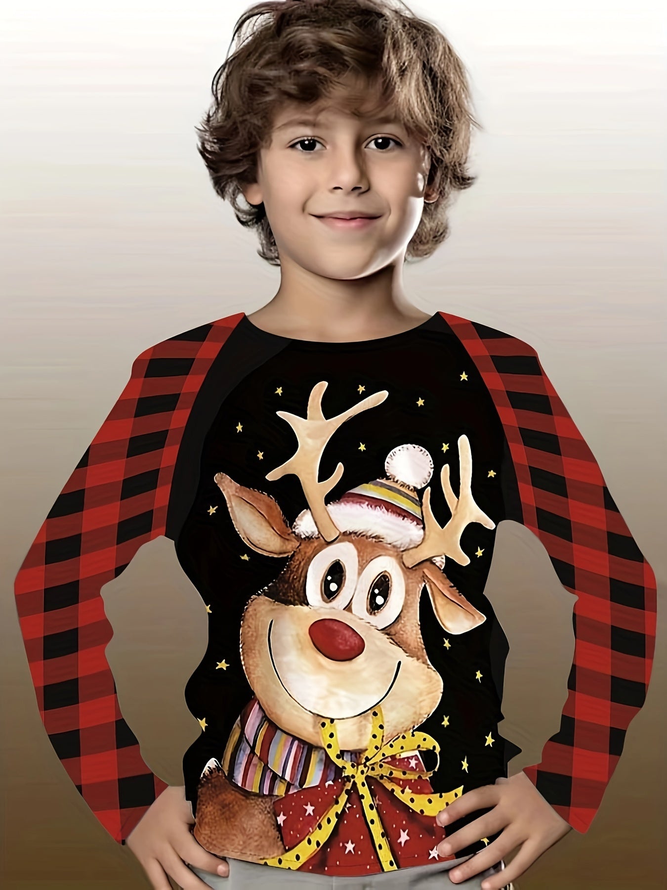 Christmas Reindeer Print Boys T-Shirt Long Sleeve Holiday Tee