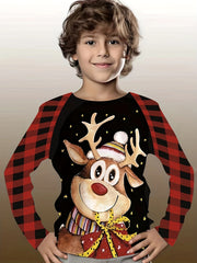 Christmas Reindeer Print Boys T-Shirt Long Sleeve Holiday Tee