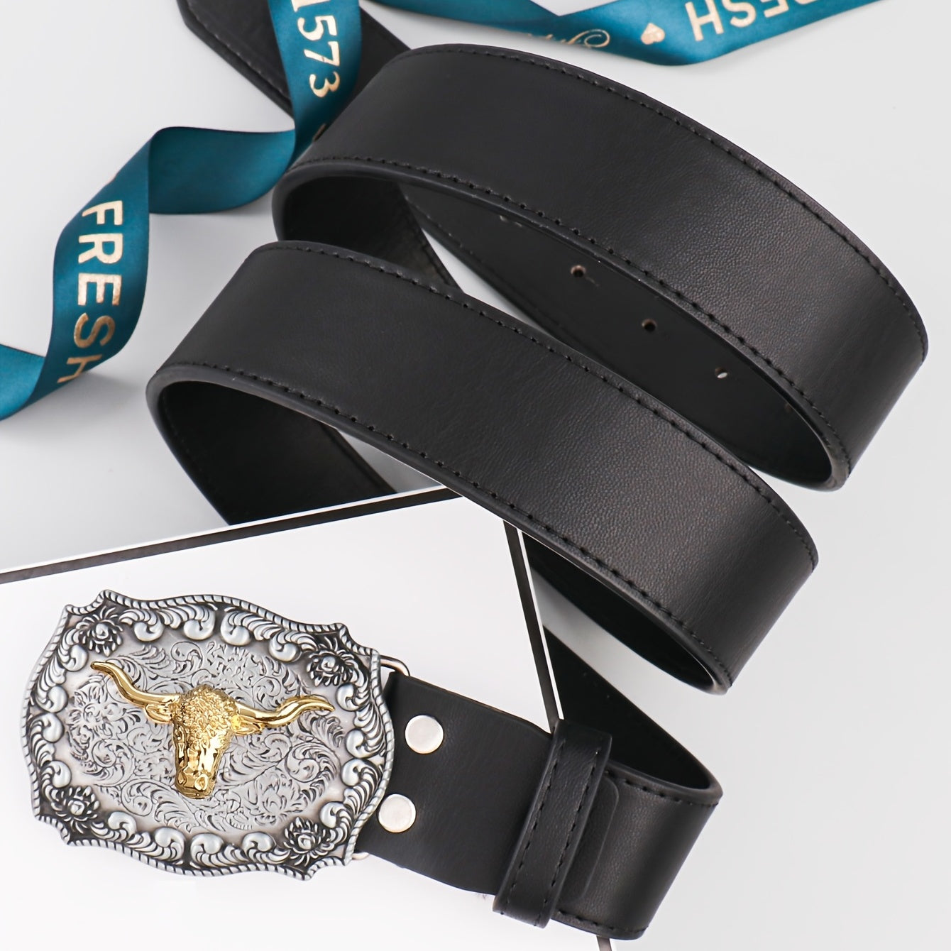Vintage Western Cowboy Cow Head Men's Belt PU Leather