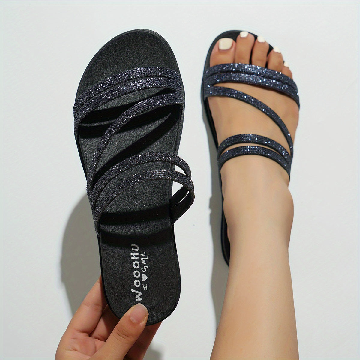 Glitter Flat Slides Open Toe Strap Sandals Beach Shoes