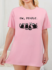 Cat & Letter Print Short Sleeve Round Neck Nightdress