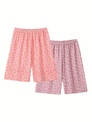 2 Pack Boho Sleepwear Set Women's Plus Floral & Fruit Print Shorts