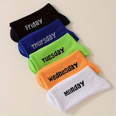 5 Pairs Women's Plus Crew Socks Set with Letter Graphic