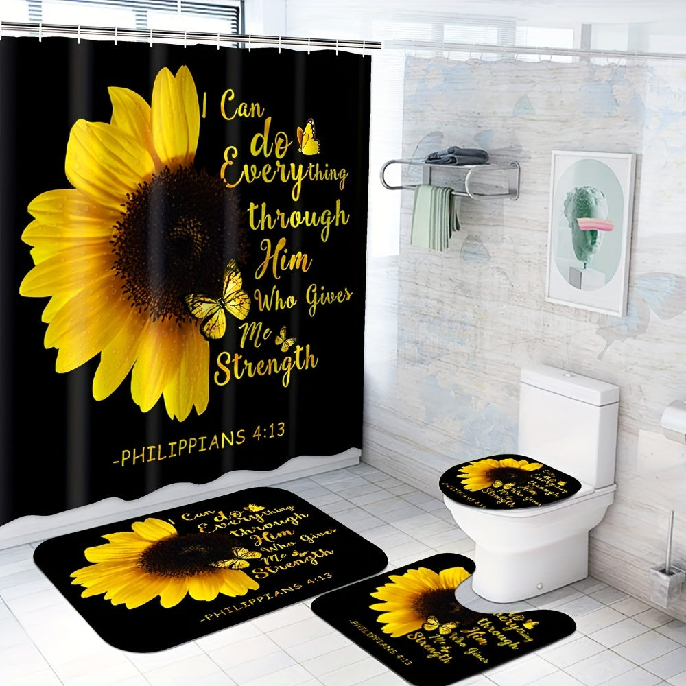 Sunflower Butterfly Shower Curtain Waterproof Fabric Bathroom Decor