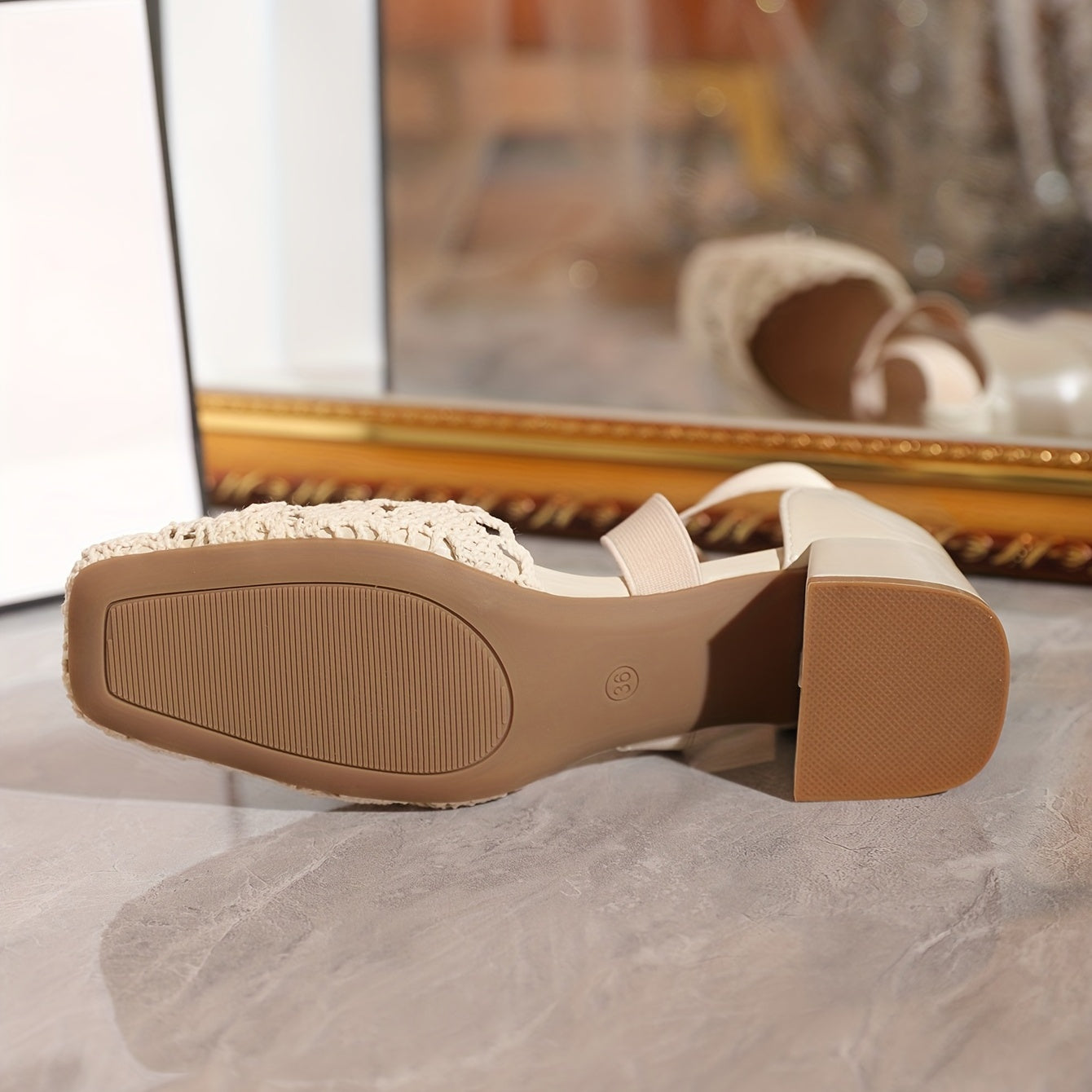 Women's Mesh Chunky Heel Sandals Square Toe Cross Strap Shoes