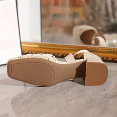Women's Mesh Chunky Heel Sandals Square Toe Cross Strap Shoes