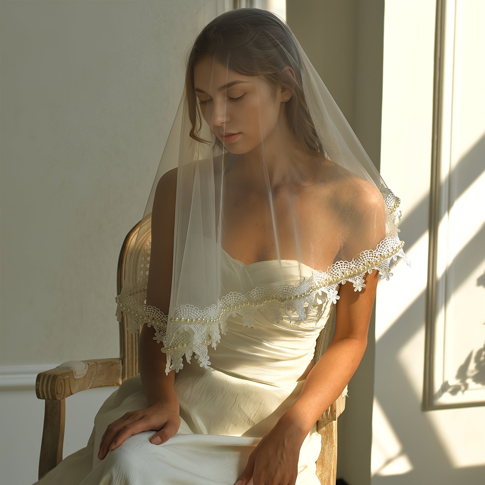Bridal Veil Pearl Lace Trim Nylon Wedding Accessory M98