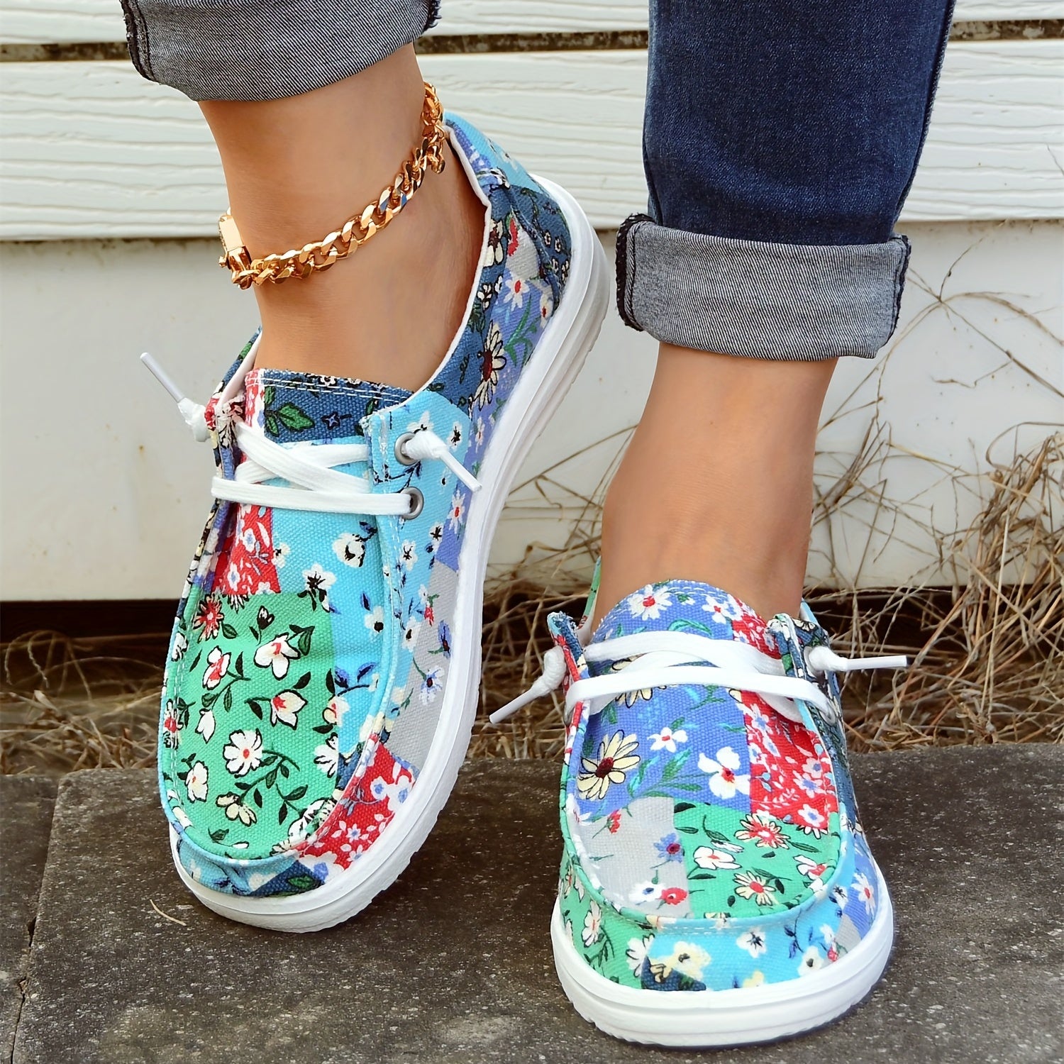 Flower Patchwork Boat Shoes Lace Up Anti slip Walking Shoes Women's Footwear