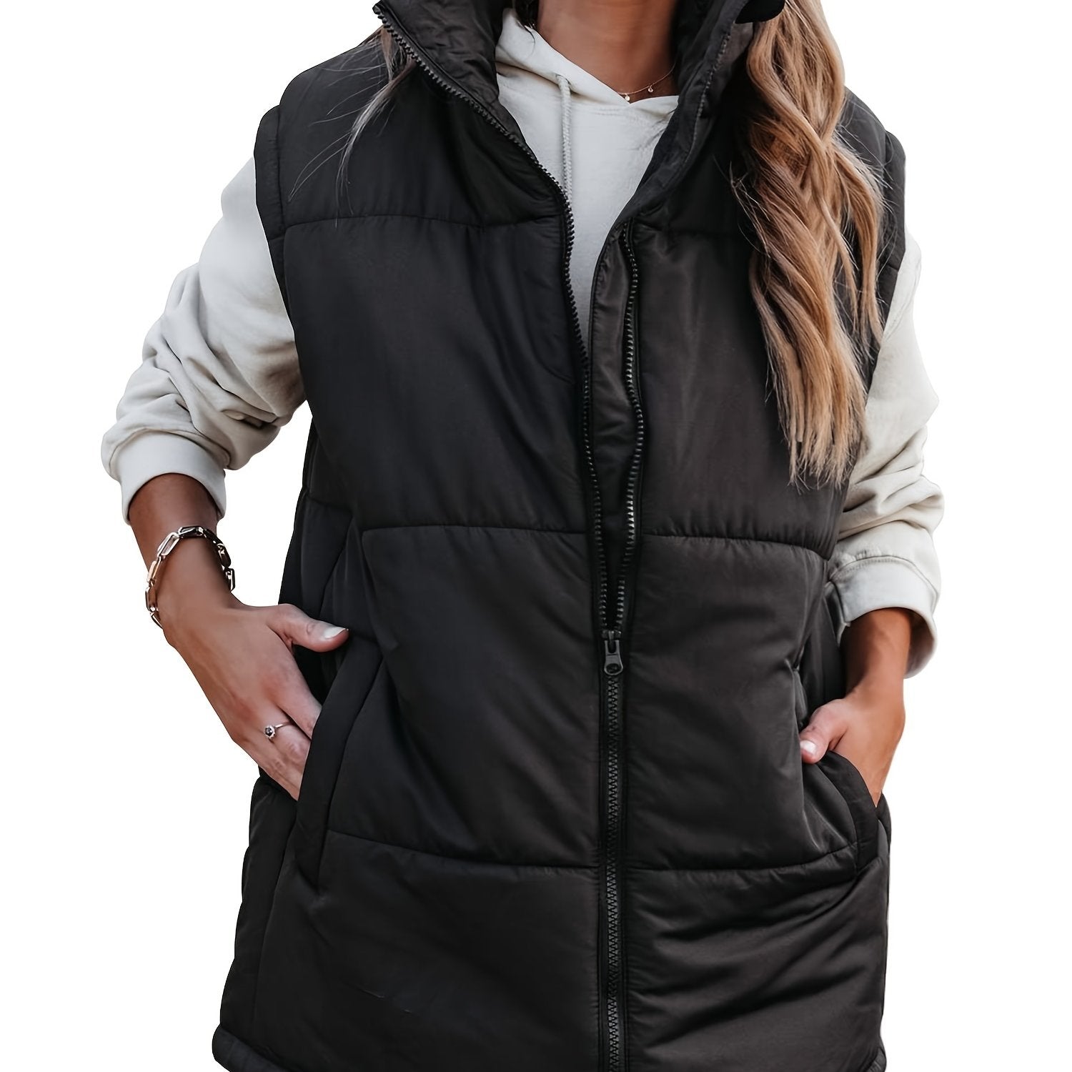 Solid Zip Up Sleeveless Jacket Casual Stand Collar Outerwear