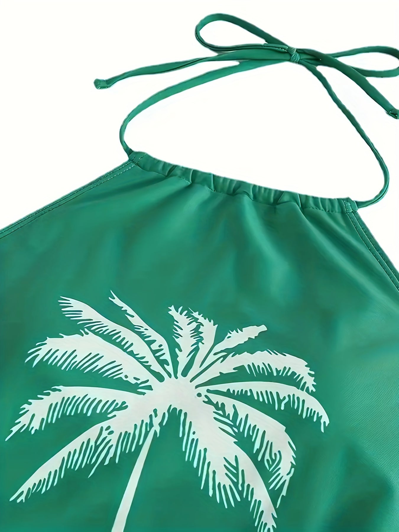 Coconut Tree Tankini Set Green Halter Neck Drawstring Swimsuit Women's Swimwear