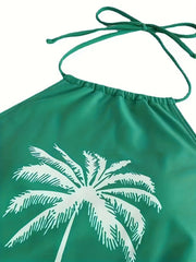 Coconut Tree Tankini Set Green Halter Neck Drawstring Swimsuit Women's Swimwear