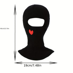 Red Heart Embroidery Ski Mask Solid Beanie Knitted Face Covering Elastic