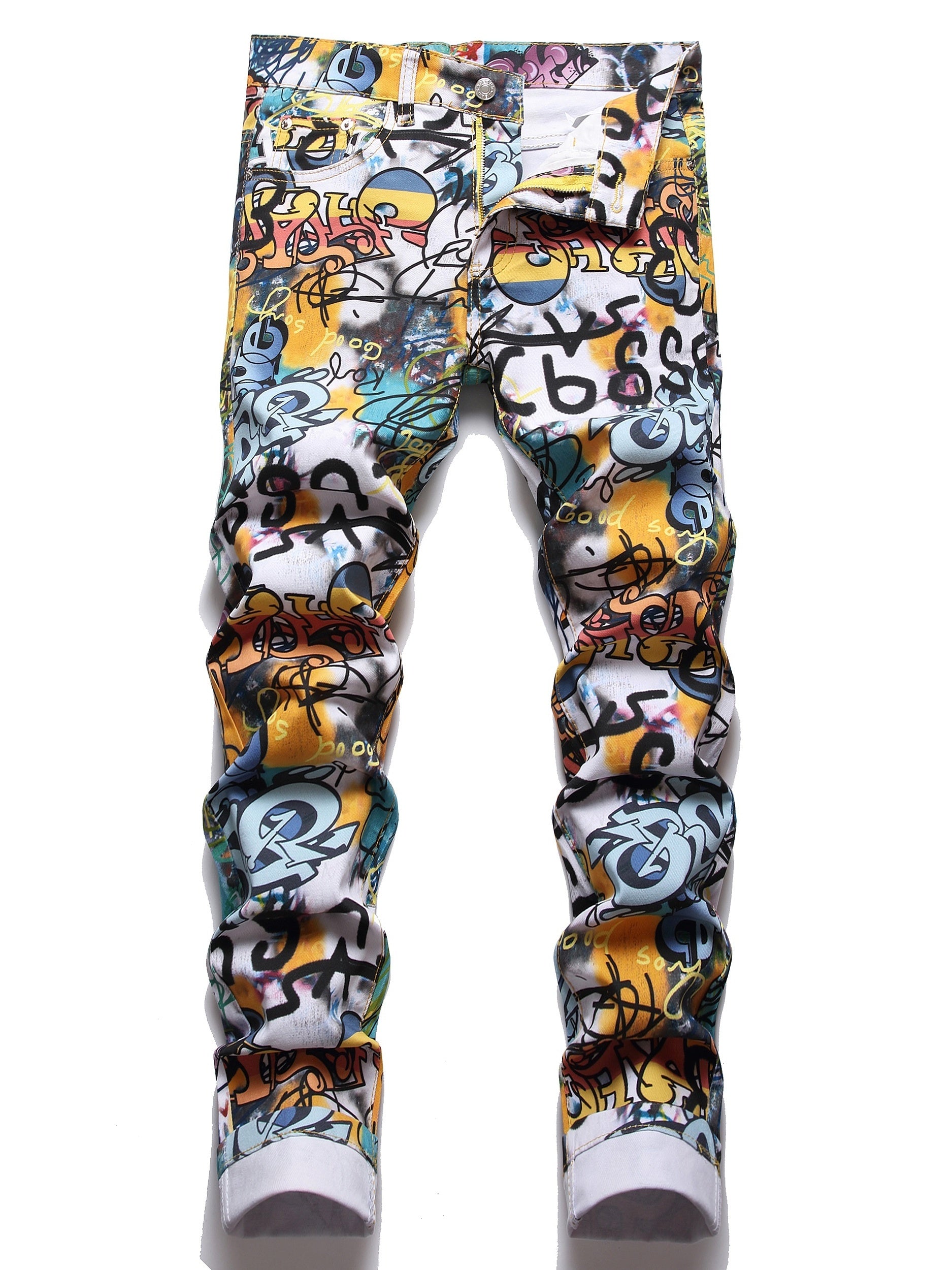 Graffiti Print Slim Fit Jeans Men Casual Street Style Denim Pants