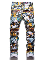 Graffiti Print Slim Fit Jeans Men Casual Street Style Denim Pants