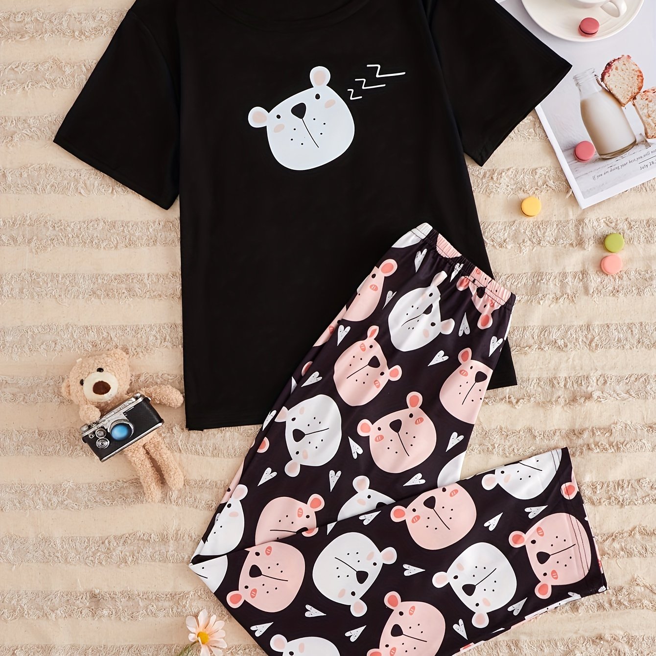 Cartoon Print Pajama Set Short Sleeve Top & Pants