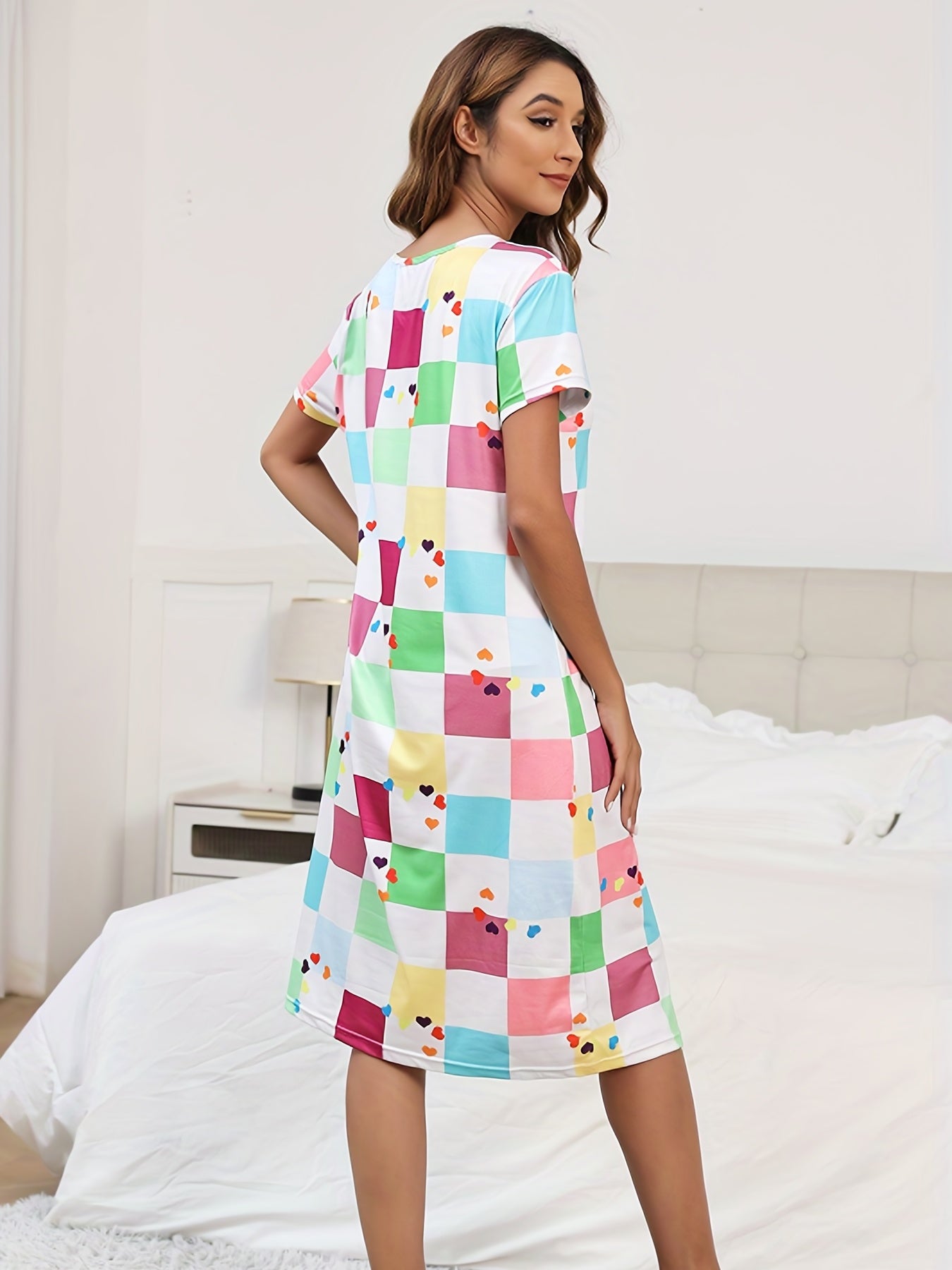 Colorblock Plaid Lounge Dresses & Comfy Short Sleeve Home Dress