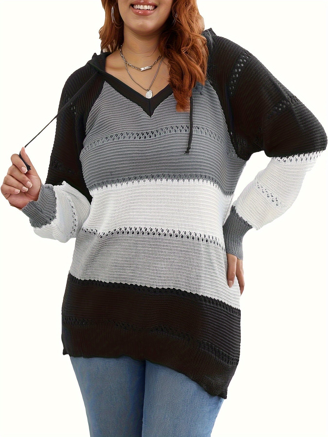 Colorblock Embroidered Hoodie Sweater Women's Plus