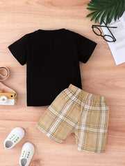 2pcs Baby Boys Casual T shirt & Plaid Shorts Set Clothes