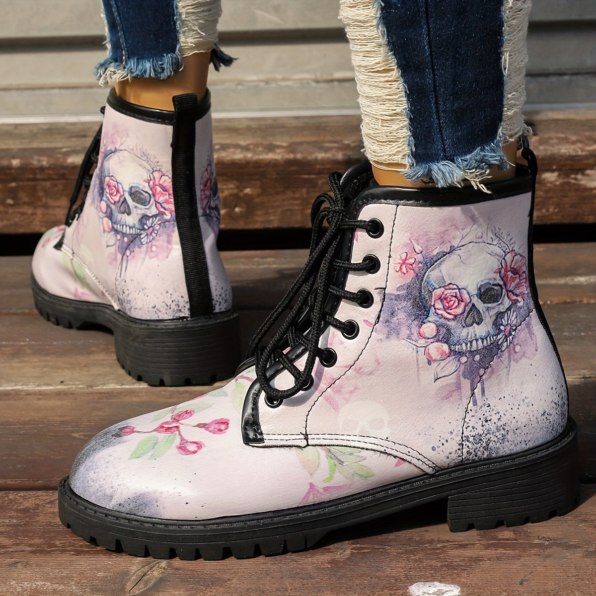 Skull & Rose Print Equestrian Boots Comfortable Medium Top Outdoor Boots