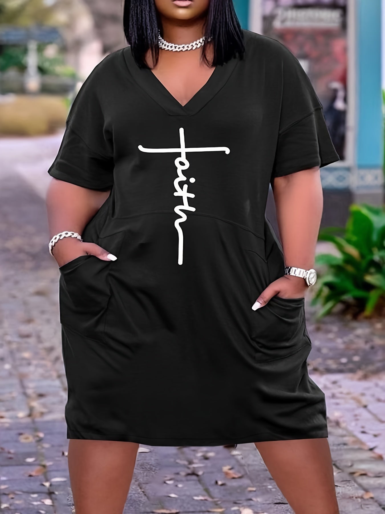 V Neck Short Sleeve Tee Dress With Pocket Women's Plus Medium Stretch