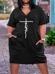 V Neck Short Sleeve Tee Dress With Pocket Women's Plus Medium Stretch