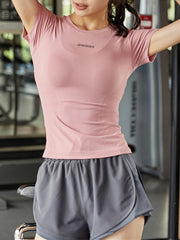 Solid Crew Neck Short Sleeve Yoga Top Quick Drying Fitness T-shirt Women
