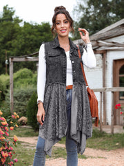 Washed Denim Vest Jacket With Lace Embroidery