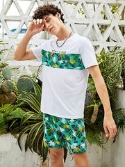 Coconut Tree Print T-shirt & Drawstring Shorts Set for Men
