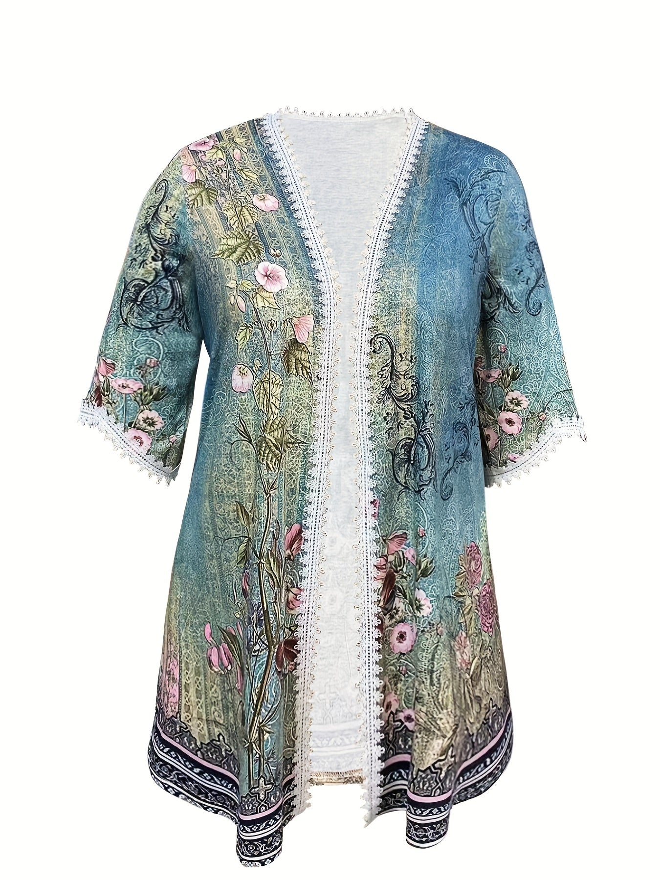 Floral Print Lace Trim Cardigan