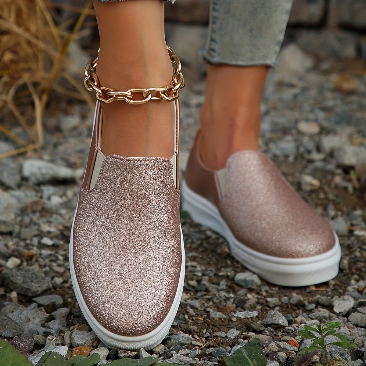 Sequins Pattern Slip On Flat Sneakers Soft Sole Casual & Comfy Shoes