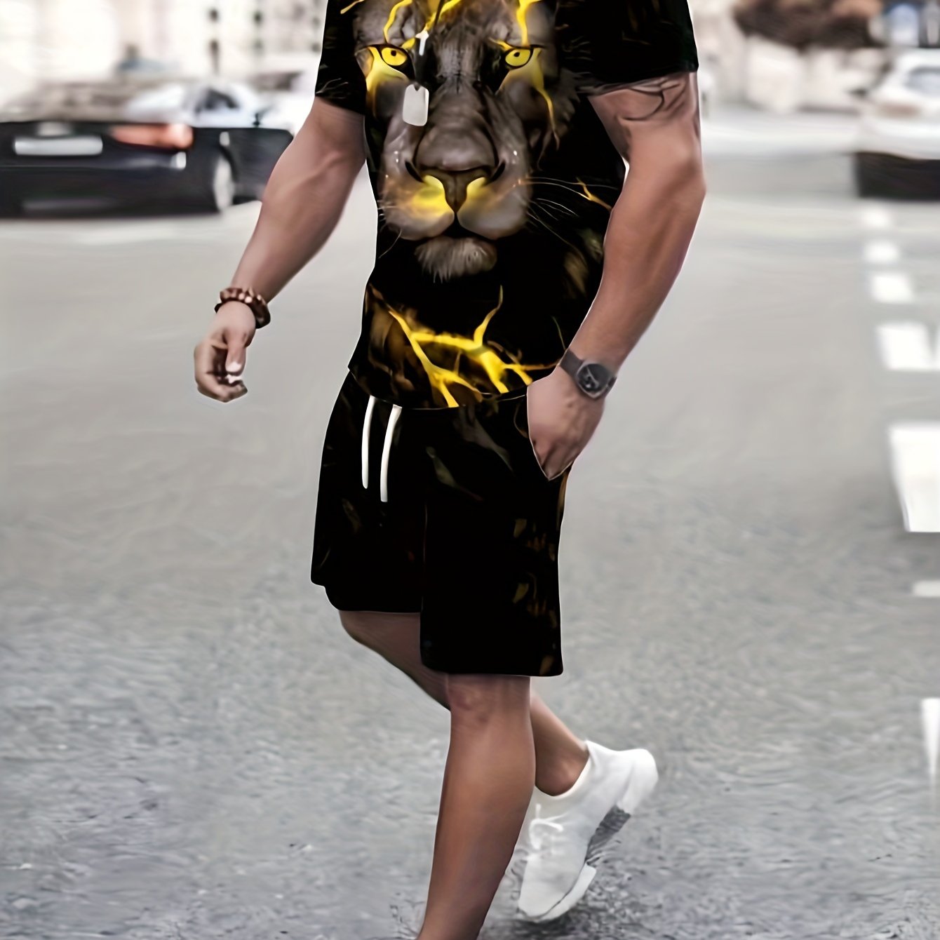 Lion 3D Pattern Mens Outfit T-shirt & Drawstring Shorts Set Summer Clothing