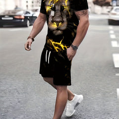 Lion 3D Pattern Mens Outfit T-shirt & Drawstring Shorts Set Summer Clothing