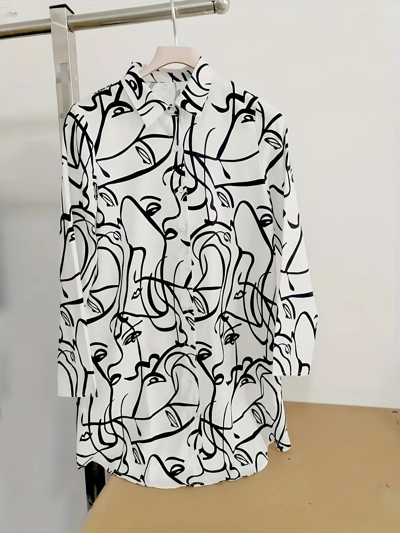 Abstract Face Print Long Sleeve Button Up Tunic Shirt