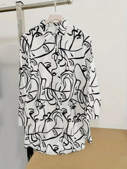 Abstract Face Print Long Sleeve Button Up Tunic Shirt