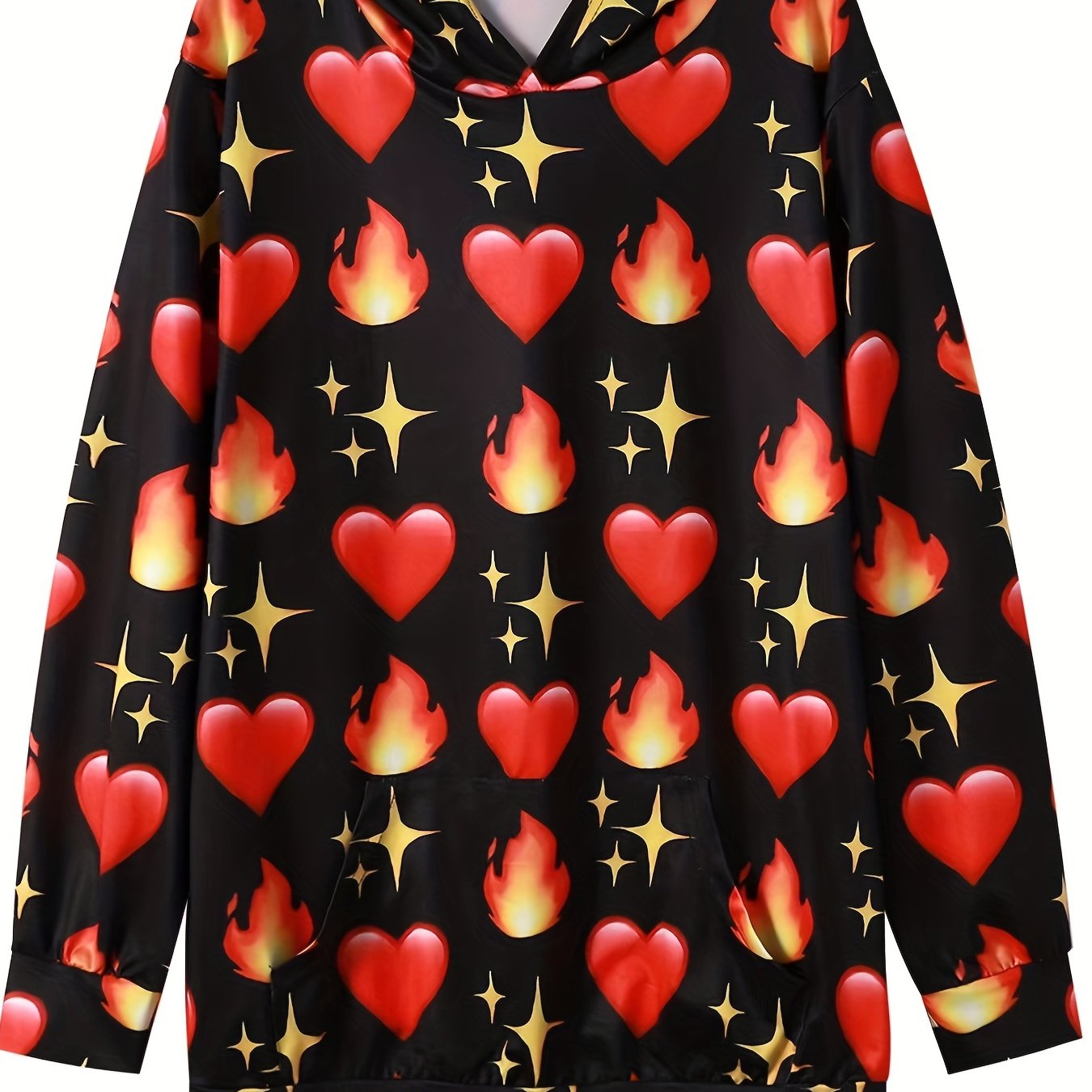 Plus size Heart & Fire Print LS Stretch Hoodie With Pocket