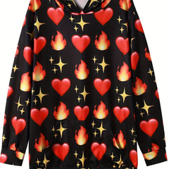 Plus size Heart & Fire Print LS Stretch Hoodie With Pocket